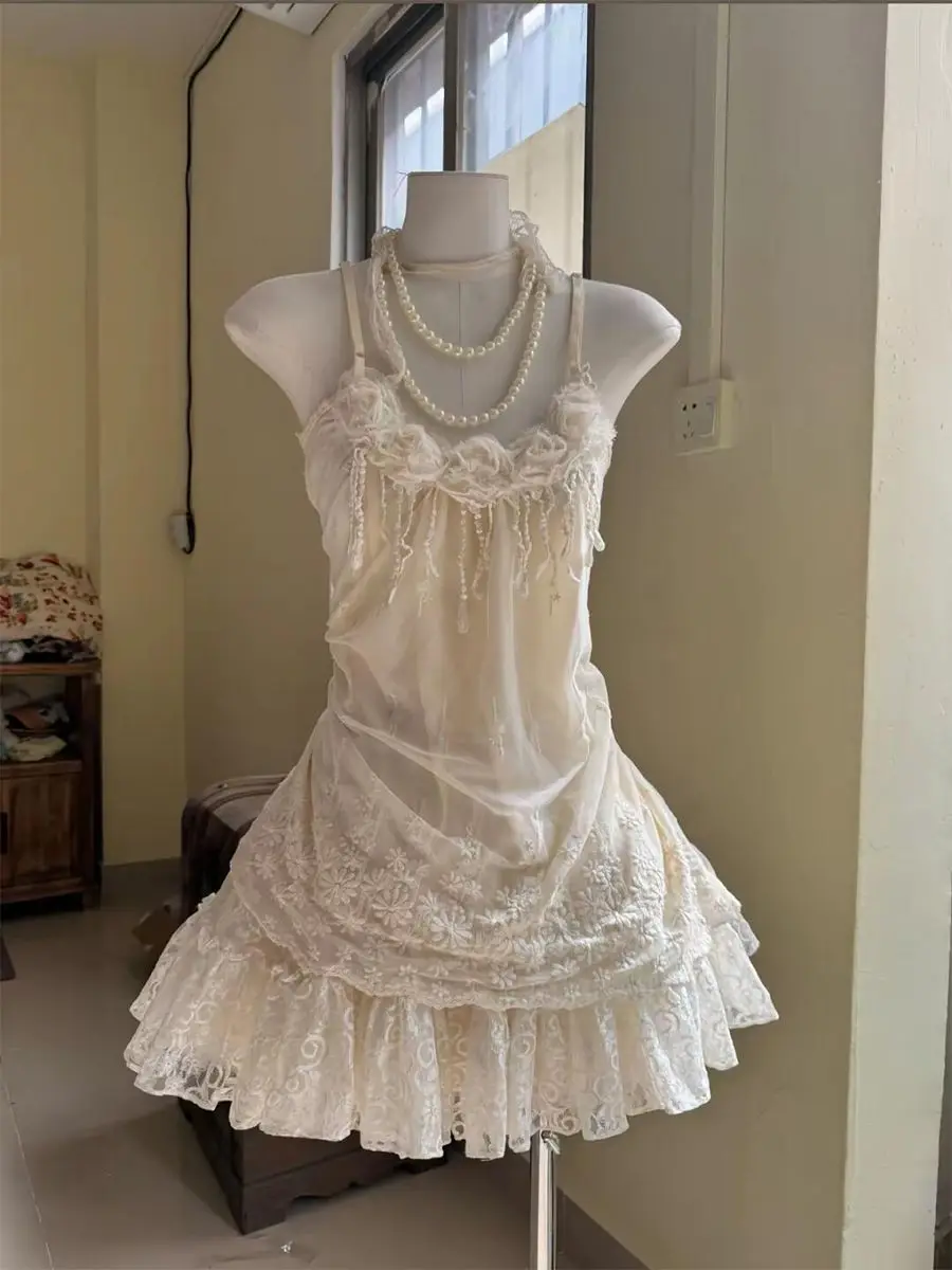 

Two Piece Sets Womens Outifits Summer New Sweet Style Slim Designed Niche Lace Suspender Vest High Waist Slim and Fluffy Skirt