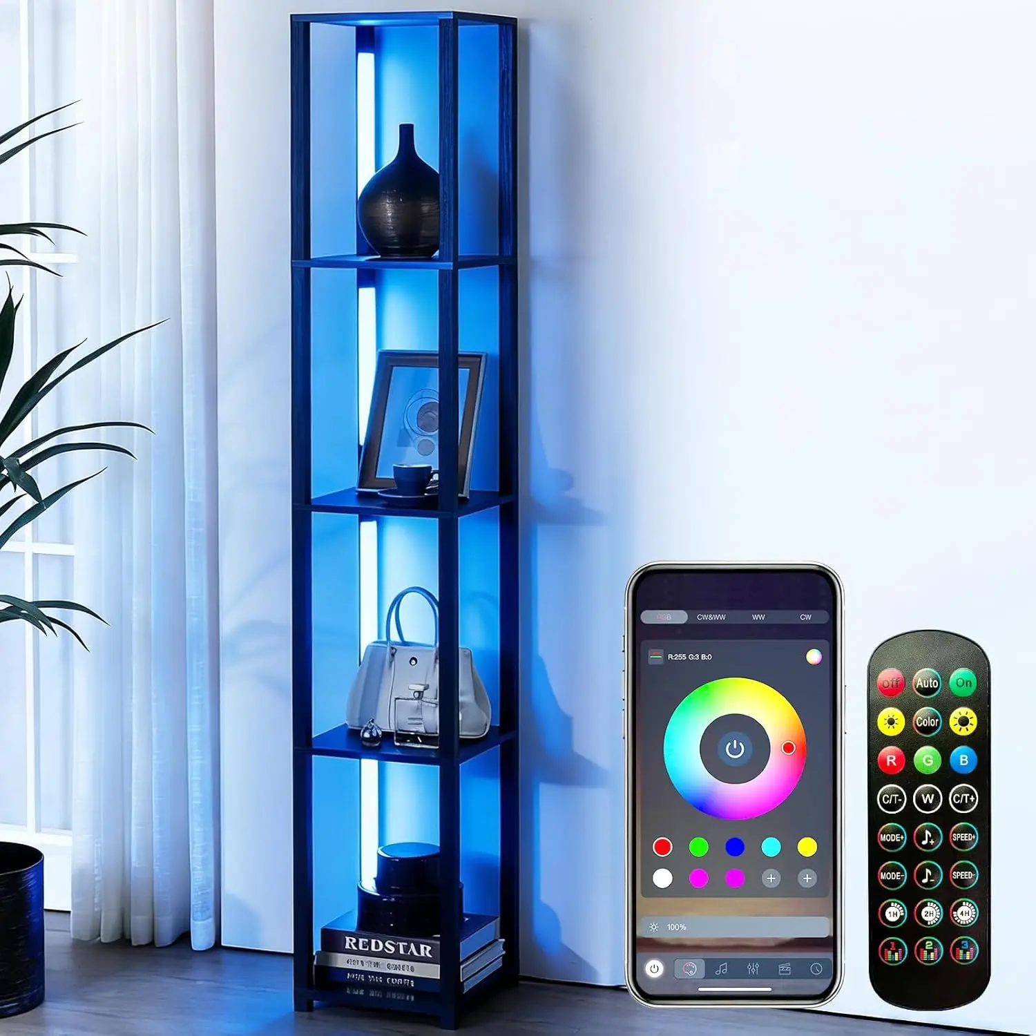 

Smart LED Floor Lamp with Music Sync, Color Changing Corner Display Shelf for Living Room, Bedroom, Office in Black