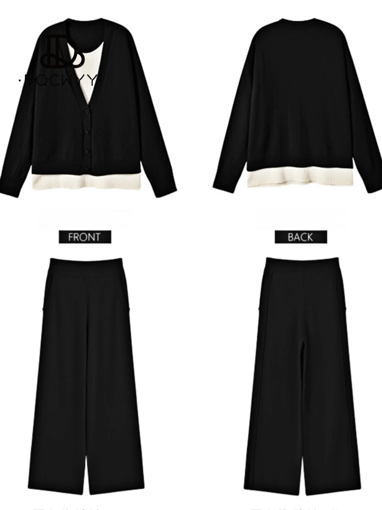 Knit Suit Two Piece Set 2024 New Fall Spring Elegant Solid Color Casual Loose Long Sleeve High Waist Wide Leg Pants Set Outfits
