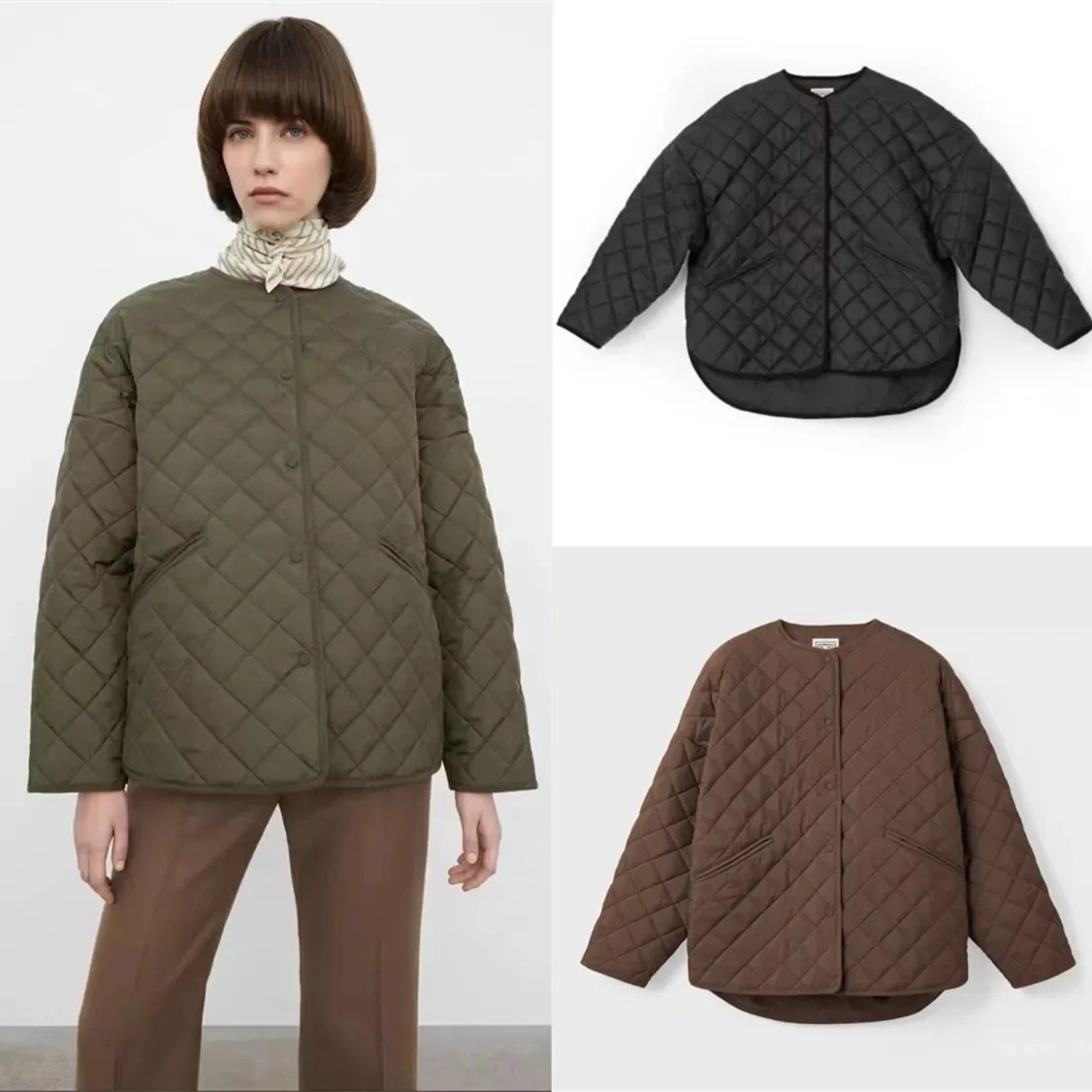 

TT-Women's Diamond Texture Button Design Coat, Loose Cotton Jacket, Round Neck, Winter, New, 2024