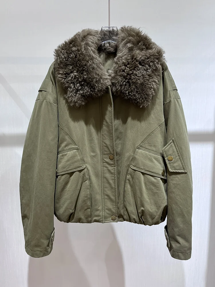 2025 Herfst Winter Ganzendons Jas Natuurlijke Schapen Lam Bontkraag Dikke vrouwen Warme Denim Jas Luxe Uitloper Vrouwelijke jassen