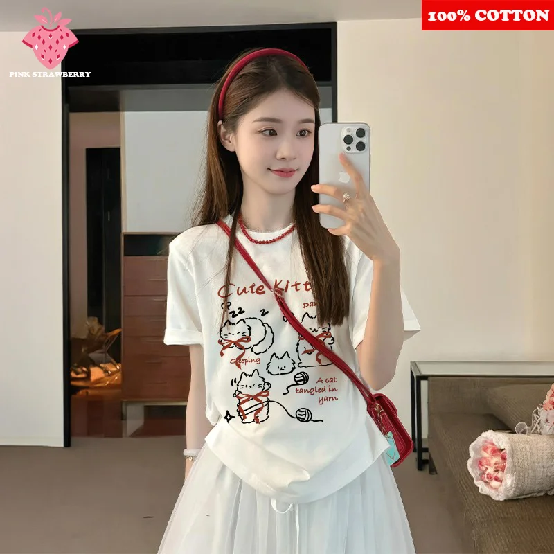 

Cute Cartoon Cat Print T-shirt Women's Summer 2025 New 100% Cotton Short Sleeves Print T-shirt Round neck Y2k Top kawaii clothes