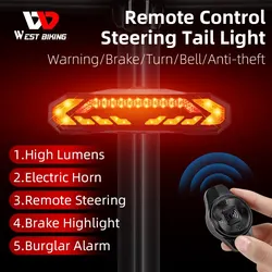 WEST BIKING Smart Alarm Taillight Remote Steering Tail Light IP65 Waterproof Type-C Charging Bike Taillight Alarm Bicycle Light