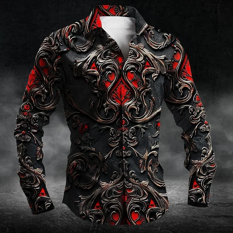 Fashion Men\'s Button Shirt Long Sleeve Party Gathering Evening Autumn Winter Spring Summer Shirt Lapel 3D Red Gradient Satin