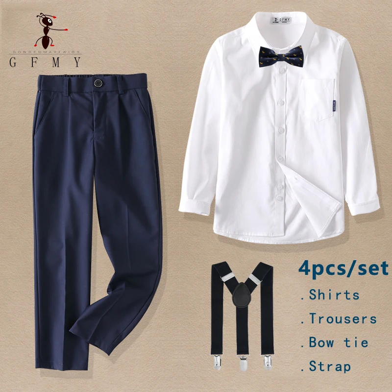 Boy\'s Performance Clothing Long-sleeved White Shirts Suit Straps Trousers Party Wedding School Activities Costume 4 Pieces/Set