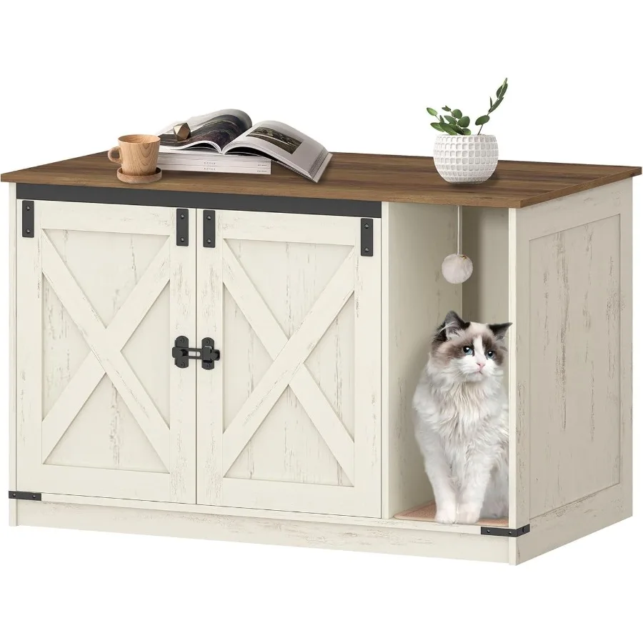 أثاث خزانة صندوق نفايات القطط المخفي مع جرس للقطط الداخلية تصميم على طراز المزرعة باللون البني والأبيض الريفي 39
