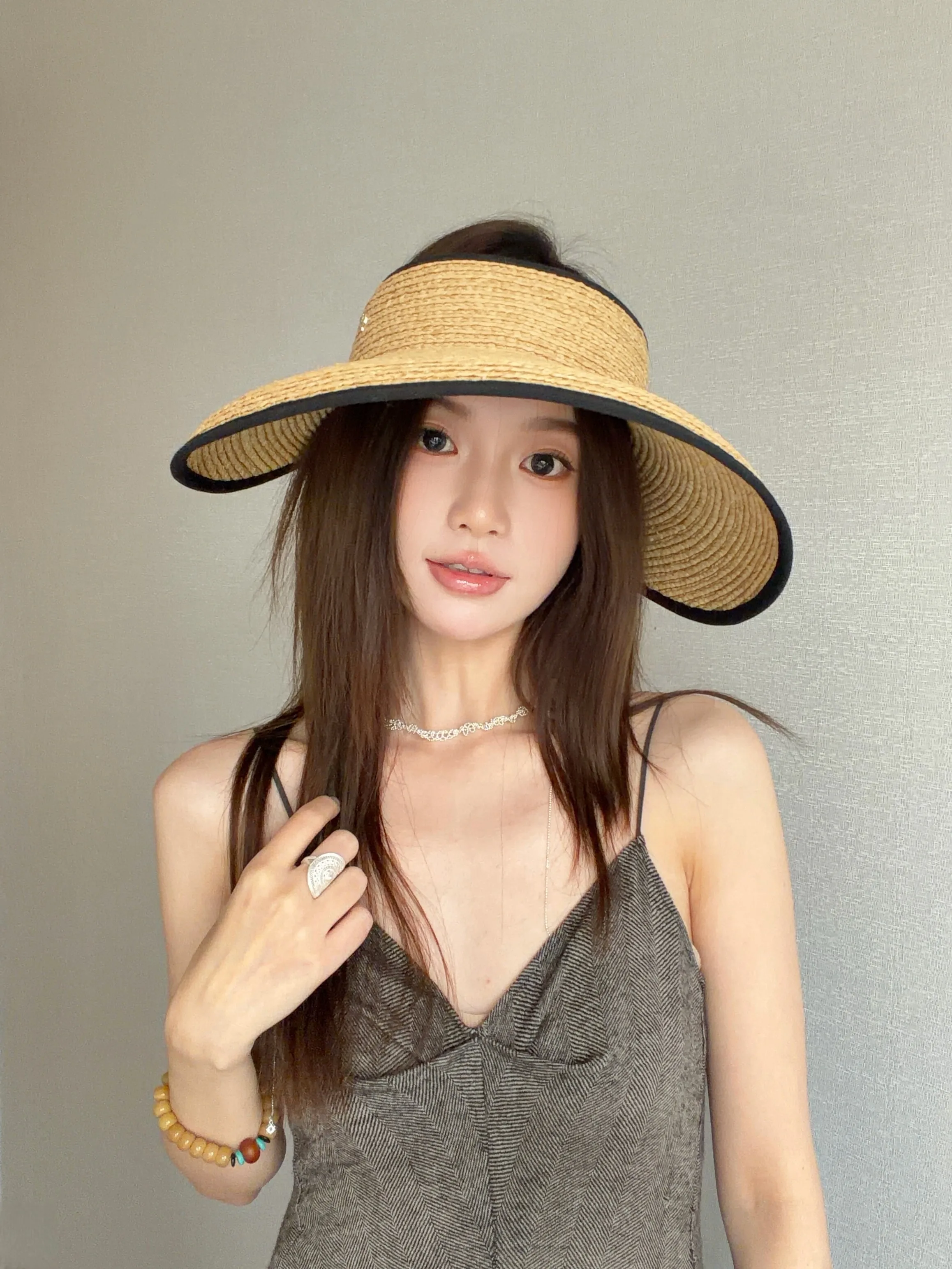 Women Wide Brim Raffia Straw Empty Top Sun Hat Adjustable Uv Protection Summer Beach Vacation Visor Cap For Ladies Outdoor Trave