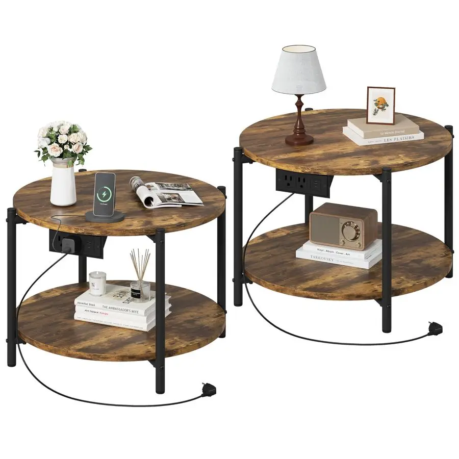 

Набор круглых журнальных столиков из 2 шт., с зарядной станцией, 2-уровневые журнальные столики с полкой для хранения, приставные столики для гостиной, Be