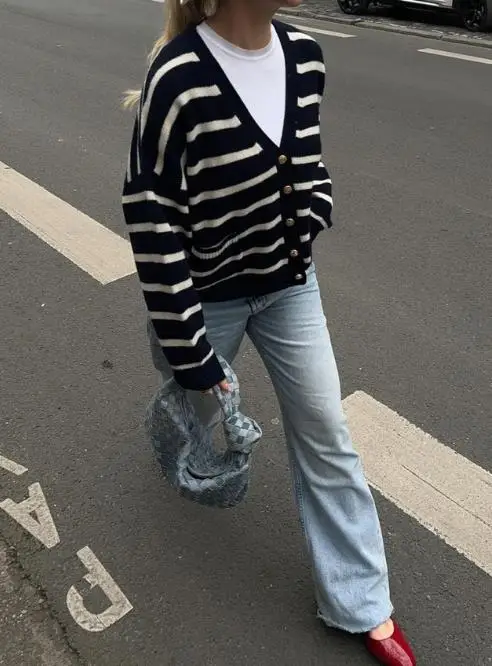 

2025 Autumn/winter V-Neck Striped Woolen Shirt Sweater Women's Clothing