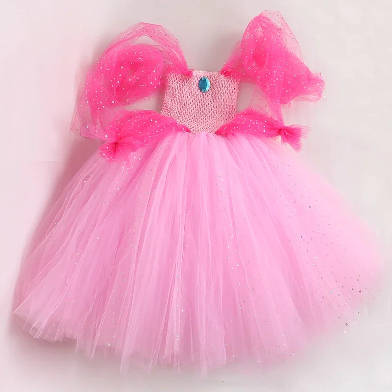 Costumi scintillanti da principessa super pesca per ragazze Scintillanti rosa Abiti foderati a figura intera Bambini Carnevale di Natale Tutù lunghi Ou @ 0Z *