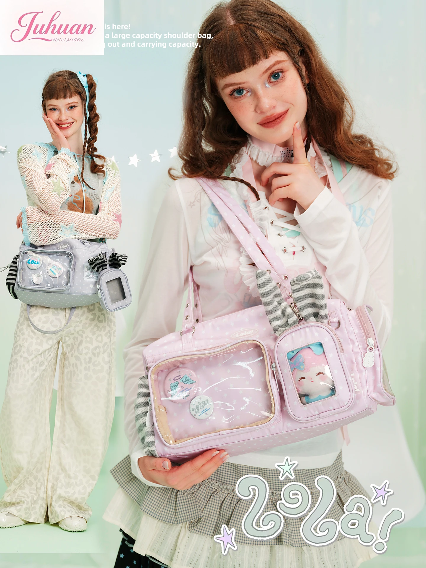 

Cartoon Rabbit Polka Dot Shoulder Ltabag Female Cute Crossbody Two-dimensional Comic Show Student Bar Boston Shoulder Bag Women