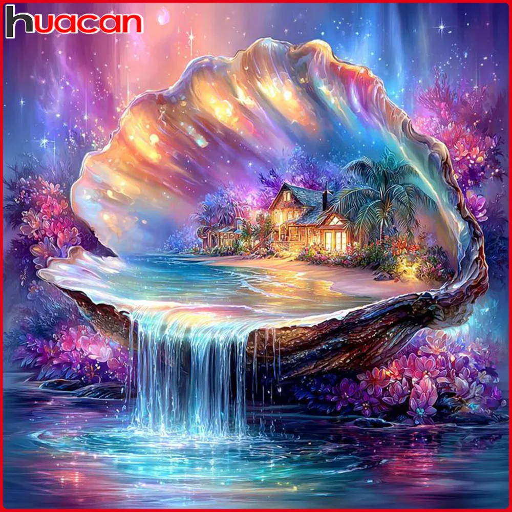 Huacan Full Diamond Painting Shell Waterfall House Diamond Embroidery Landscape Complete Kit Home Decoration