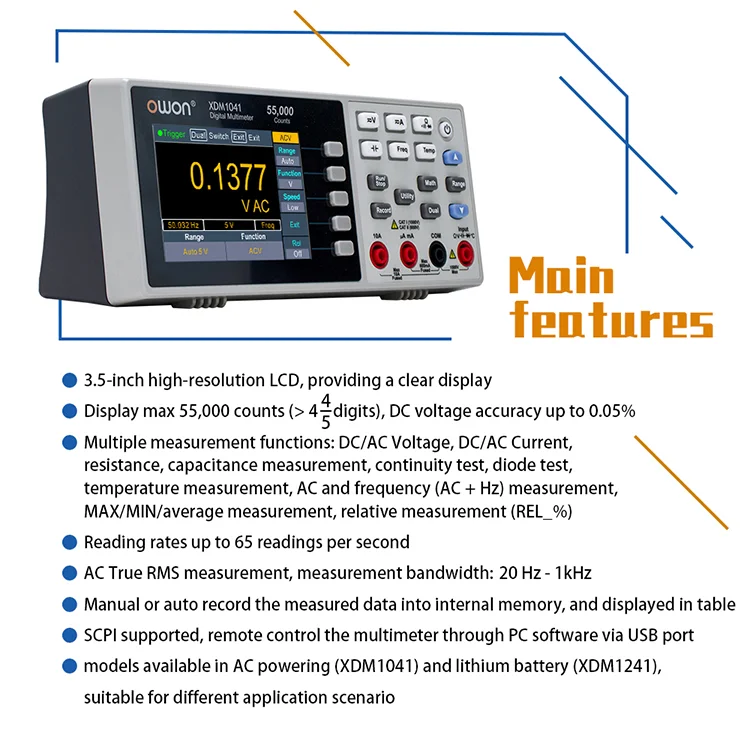 Multimetro da banco OWON OWON XDM1241 multimetro digitale 55000 conteggi multimetri da tavolo ad alta precisione Tester AC/DC True RMS