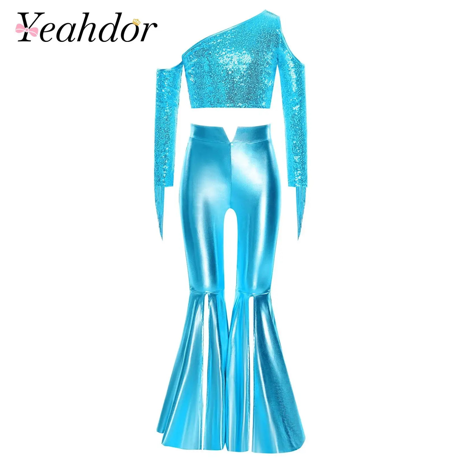

Kids Girls Tassels Outfits Pageant Performance Costume One Shoulder Shiny Sequins Crop Top + Split Bell-Bottom Metallic Pants