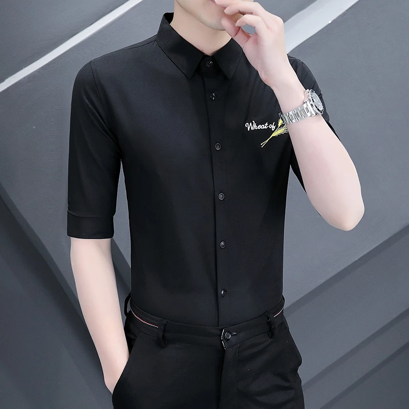 

Korean Style Fashion Slim Embroidered Wheat Half Sleeve Shirt Men Summer New Quality Soft Comfortable Anti-Wrinkle Chemise Homme