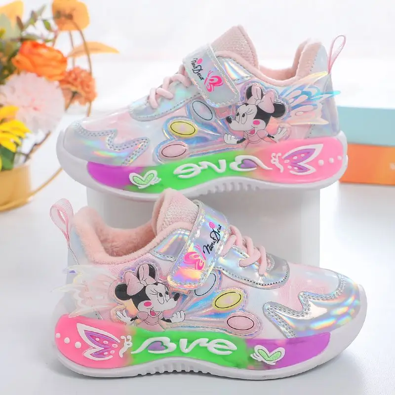 Minnie Mickey Girls Sneakers 2024 Autumn And Winter New Leather Running Shoes For Children Girls Light Non-slip Princess Shoes