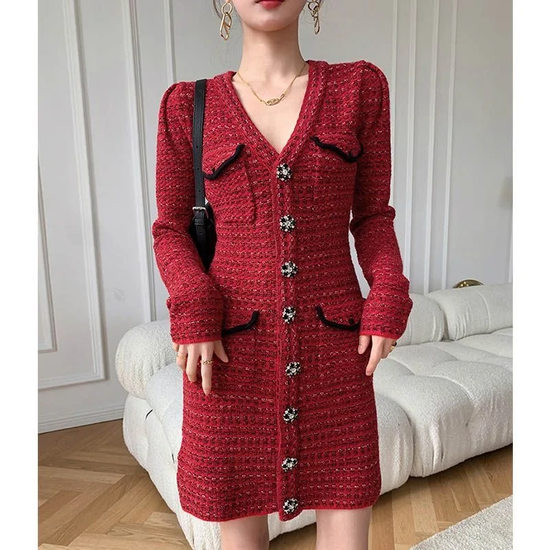 2024 New Early Autumn French Fragrant Knitted V-neck Red Dress Elegant Women\'s Wear High end and Elegant