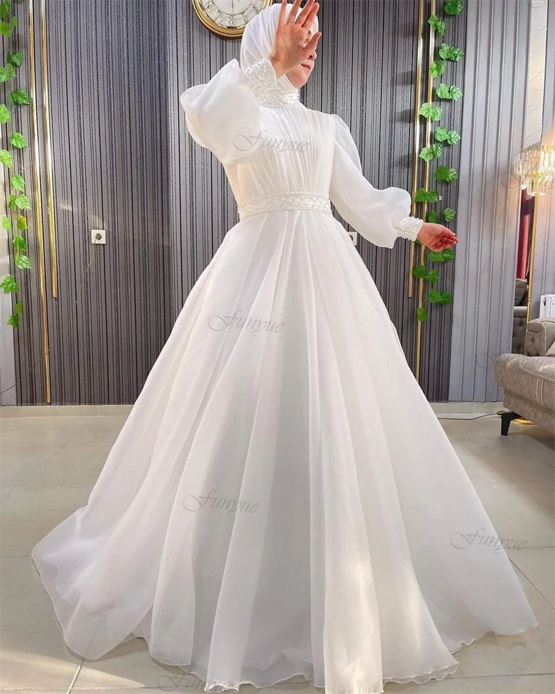 

White Organza Muslim Wedding Dresses for Bride Full Sleeve High Neck Islamic Hijab Bridal Gown Arabic Dubai Robe De Mariée