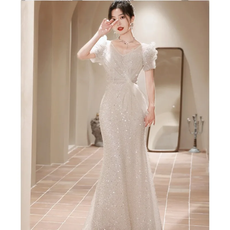 

2025 New Women's Summer Glitter Slimming Fishtail Skirt Fashion Wedding Dress French Host Toast Graduation Evening Dress