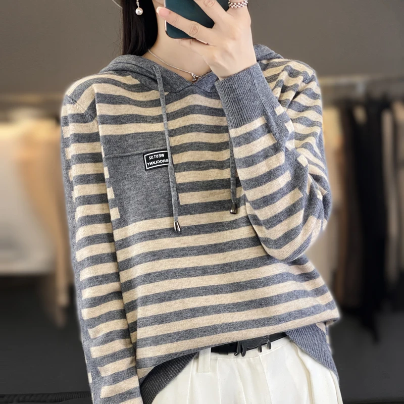 2024 Autumn/Winter Women\'s cashmere sweater, wool hooded sweater, knitted pullover, loose fitting Korean style fashionable thick