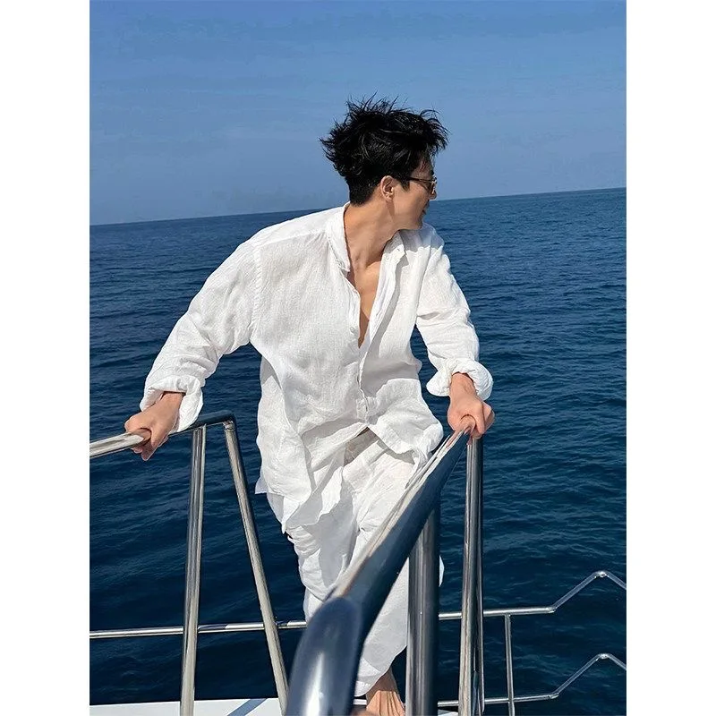 

Loose Fit Linen Long Sleeve Shirt Men's Lazy Style Holiday Sun Protection Cotton Linen Shirt Jacket Fashion Urban Casual Spring