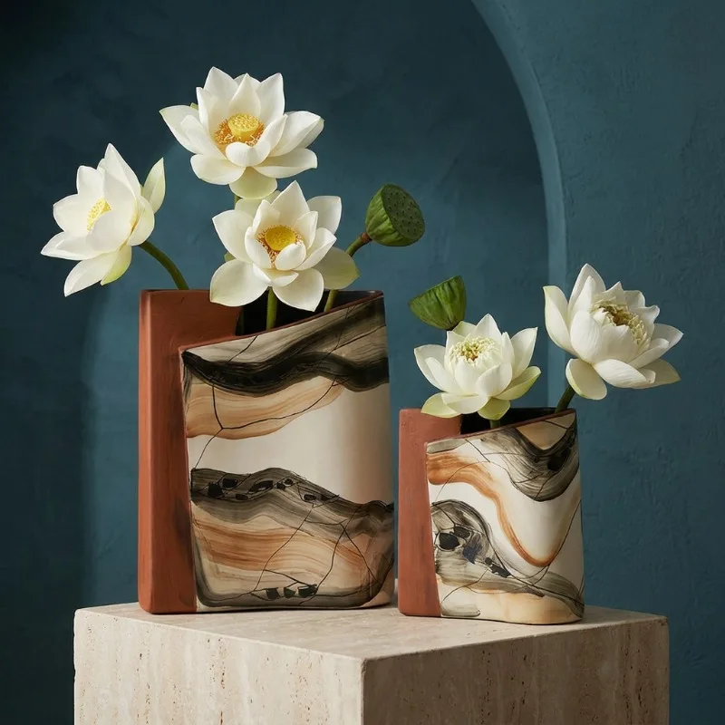 Geometric art Chinese entrance vase tea room living room high-end retro soft decoration designer ornaments