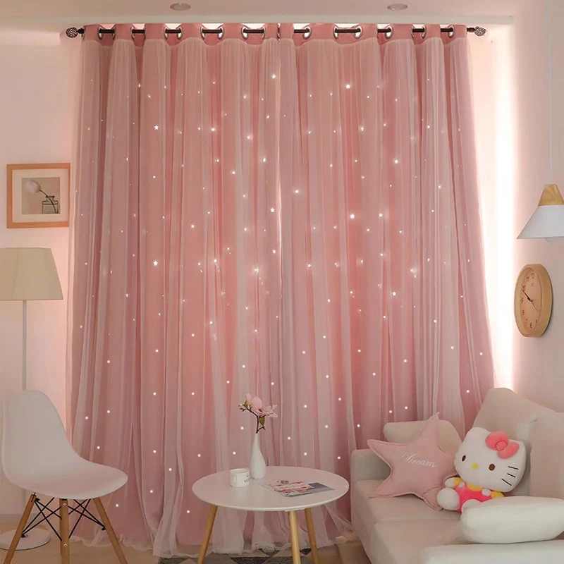 

Pink Double-Layer Star Blackout Curtains, Hollow Out Sheer Tulle Overlay for Bedroom