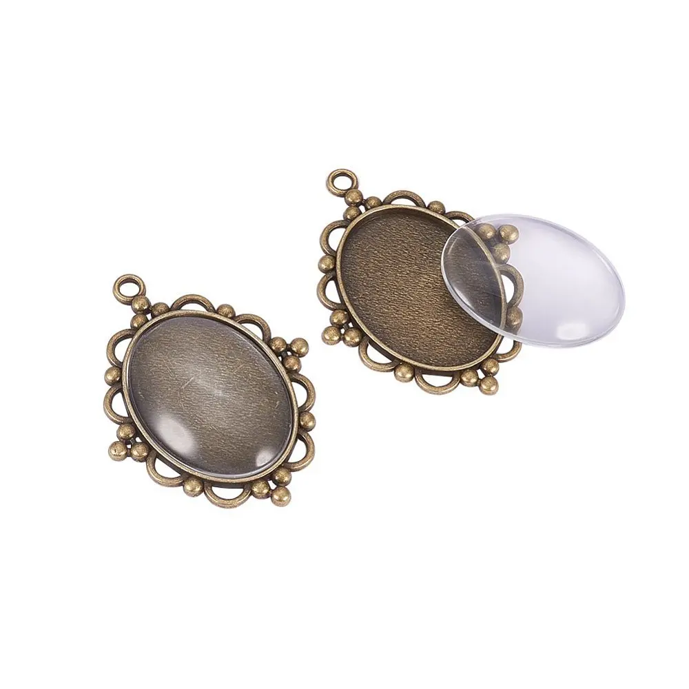 40x30mm Oval Clear Glass Cabochon Covers and Alloy Pendant Cabochon Settings, Antique Bronze, Pendant: 62.5x47x3mm, Hole: