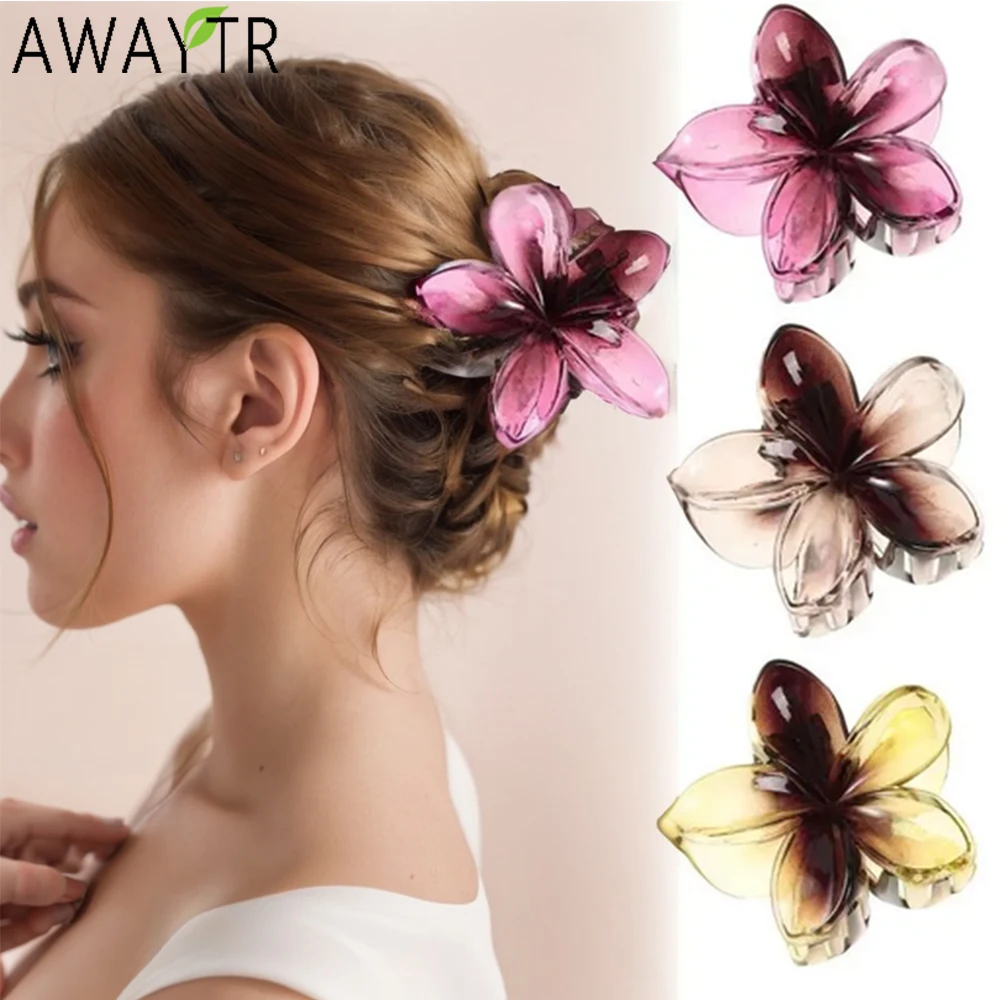 AWAYTR Hawaiian Plumeria Hair Claws Plastic Large Flower Hair Clips Crab For Women Girl Gift Hair Accessories Ponytail Headwear