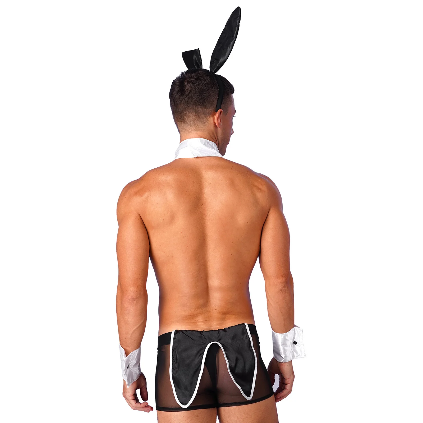 Men's Waiter Cosplay Lingerie Sexy Tuxedo Costume Role Play Uniform See Through Boxers Shorts with Bunny Ears Headband Collar