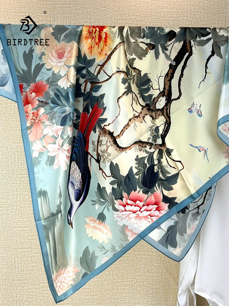 

BirdTree, 100%Real Slik Elegant Kerchief, 88cm Chinese Printed, Mom Gift Commute Retro Chic Scarf, 2024 Summer Autumn A465128QC