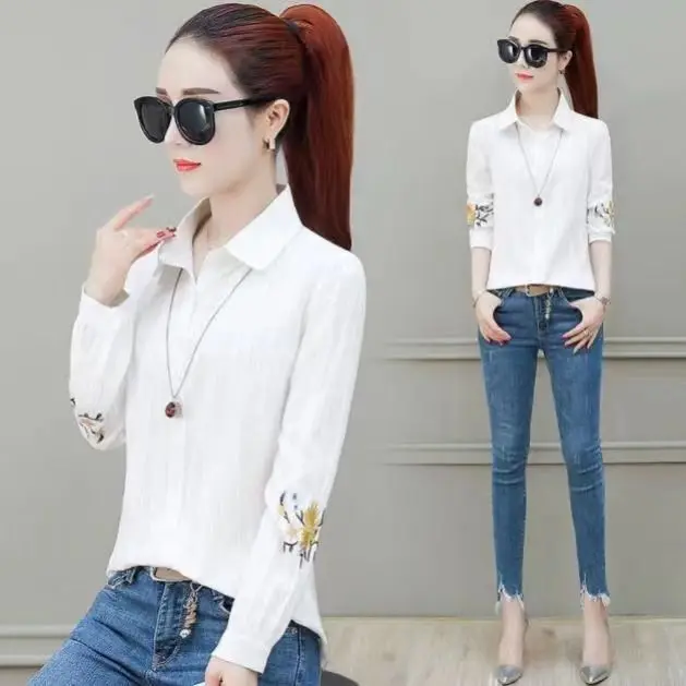 Ele Long Sve للسيدات irt 95% قطن مطرز بالزهور بقصة ضيقة وطبقة أساسية ربيعية عصرية كورية بياقة Sle B...