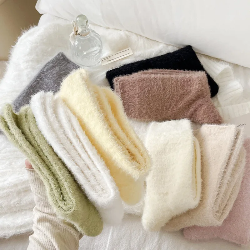 

Japanese Mink Hair Socks Women's Solid Color Autumn Winter Thick Warm Mid-tube Socks Fluffy Soft Waxy Sleeping Floor Socks