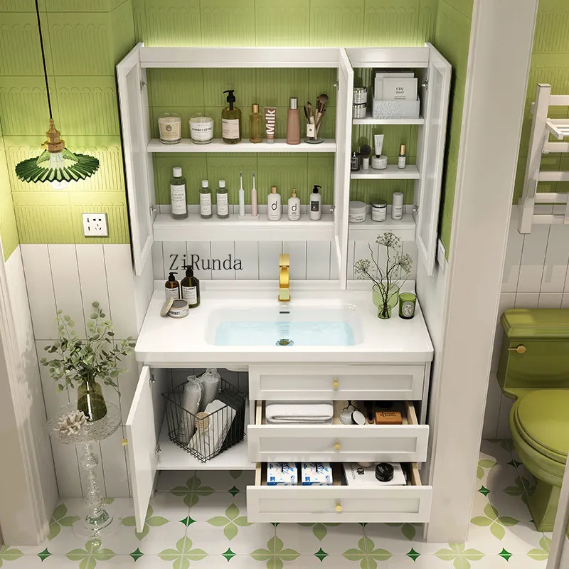 

French cream wind oak bathroom cabinet ceramic integrated basin wash basin cabinet combination