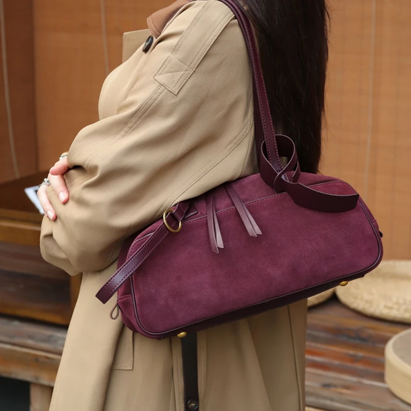 

Toptrends Suede Cow Genuine Leather Underarm Shoulder Bags For Women New 2025 Luxury Designer Bowling Totes Work Ladies Handbags