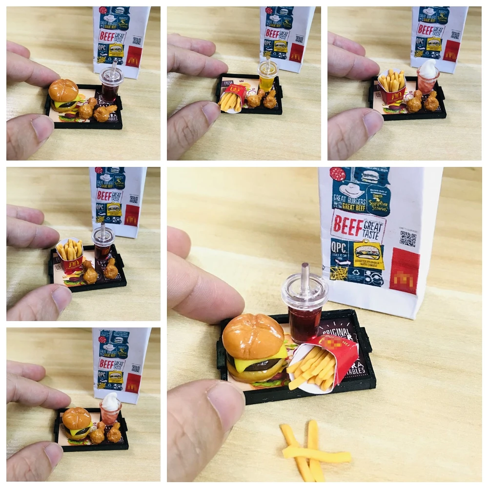 NEW 1 Set 1/6 Scale Dollhouse Miniature Hamburger Mini Fried Chips Coke Fast Food for Doll House Kitchen Play Toys Accessories