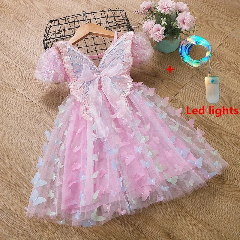 Baby Girls Butterfly Wings Fairy Gauze Princess Puff Sleeve Dress Lovely Kids Summer Tulle Dress Child Birthday Party Gown Dress