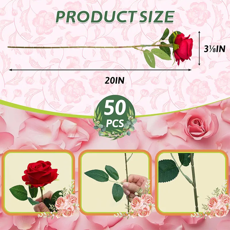 50PCS Fake Roses Artificial Roses Flowers Bulk Silk Rose for Valentine's Day Wedding Anniversary Bridal Bouquet DIY Home Decor