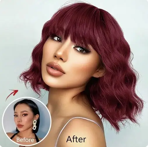 Peluca sintética rizada Bob para mujer, pelo corto de fibra resistente al calor con flequillo, color rojo vino, aspecto Natural