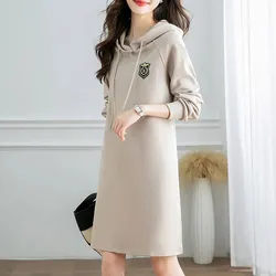 Cotton Sweater Dress Spring 2023  of Sports and Leisure Loose Slim Hooded Sweater Dress Female