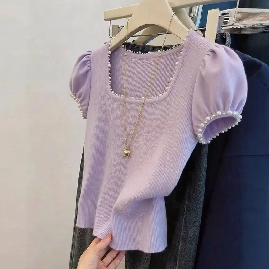Pearl Trim Square Neck Puff Sleeve Knit Top Women's Summer Elegant Slim Fit Sweet Style Fashion Tee