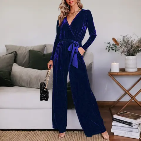 Feminino sólido elegante veludo manga longa com decote em v macacões inverno senhoras festa cocktail banquete noite macacão calças retas