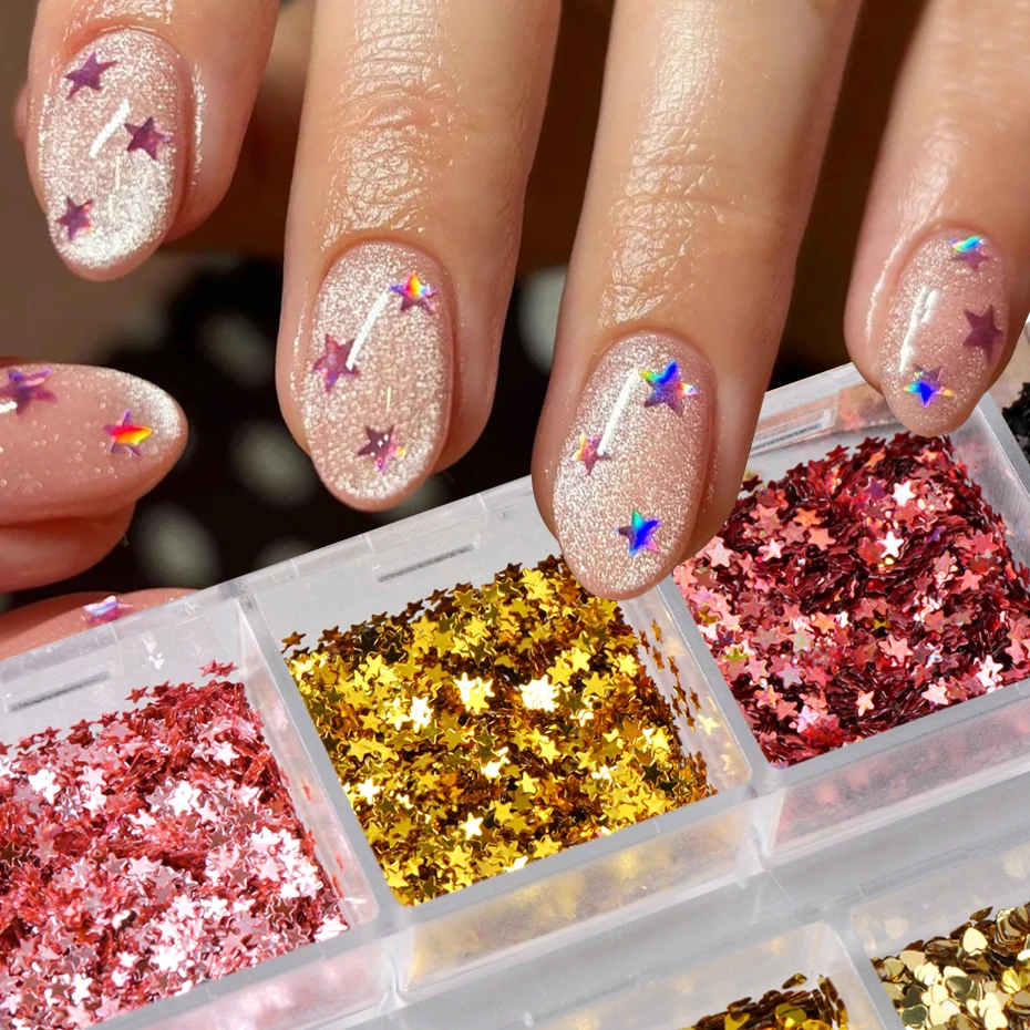 12 Grids Sparkling Heart Star Nail Glitter Sequins Mini Laser Stars Heart Nail Flakes Thanksgiving Christmas Nail Art Decoration