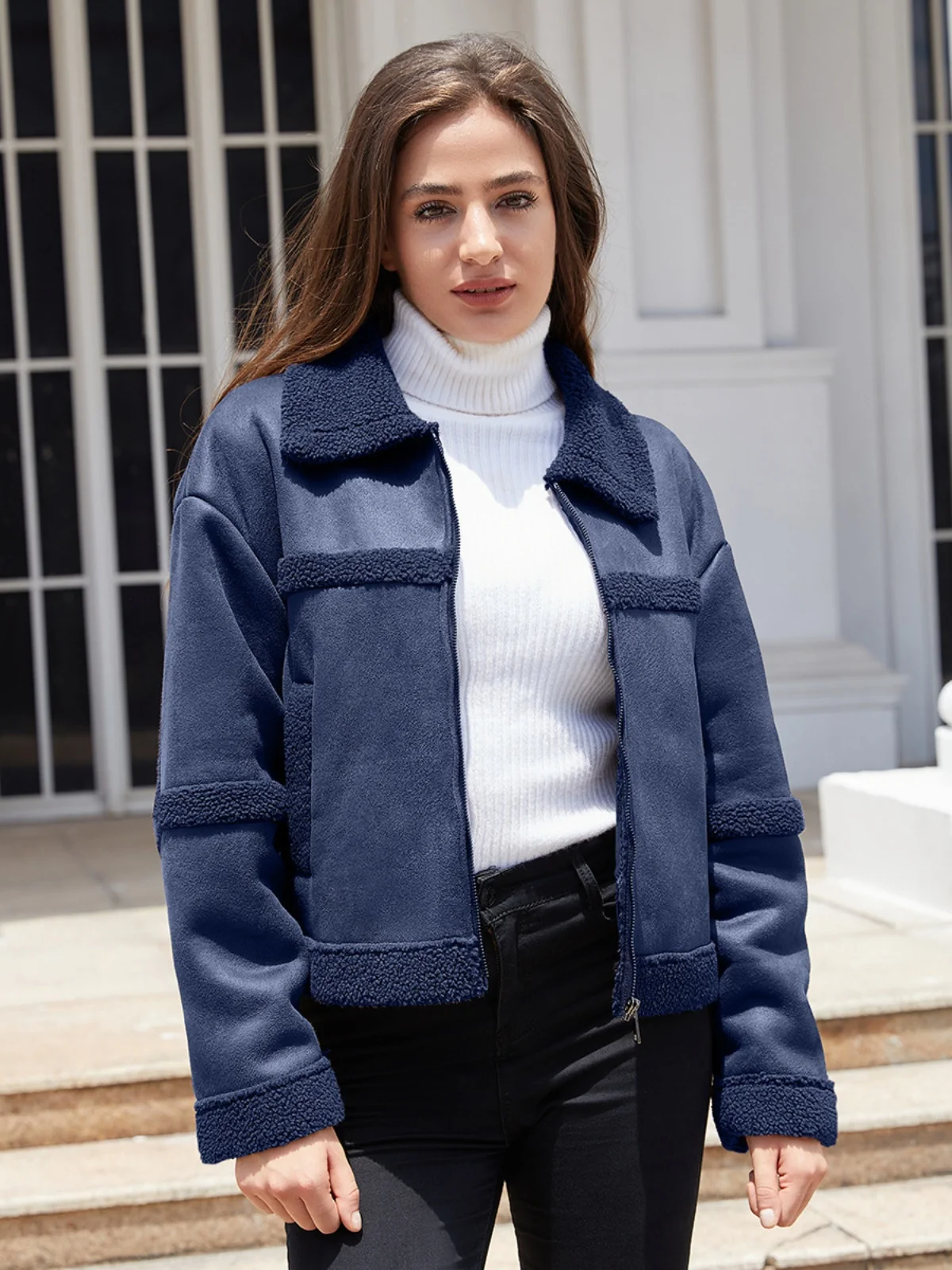 

Faionable Women's Suede Jaet Autumn Winter New Sle Windproof Fce Lined Outerwear Commute Sle Long Sve Zipper