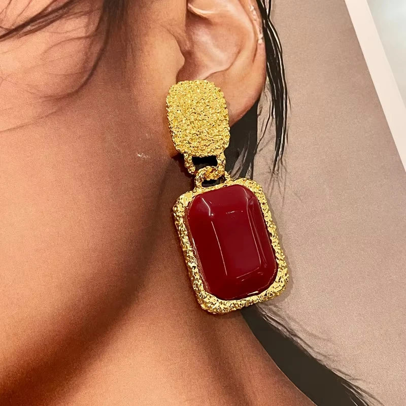 중세 빈티지 레드 수지 귀걸이 여성 패션 기하학 타원형 사각형 드롭 매달려 귀걸이 궁전 스타일 귀 액세서리