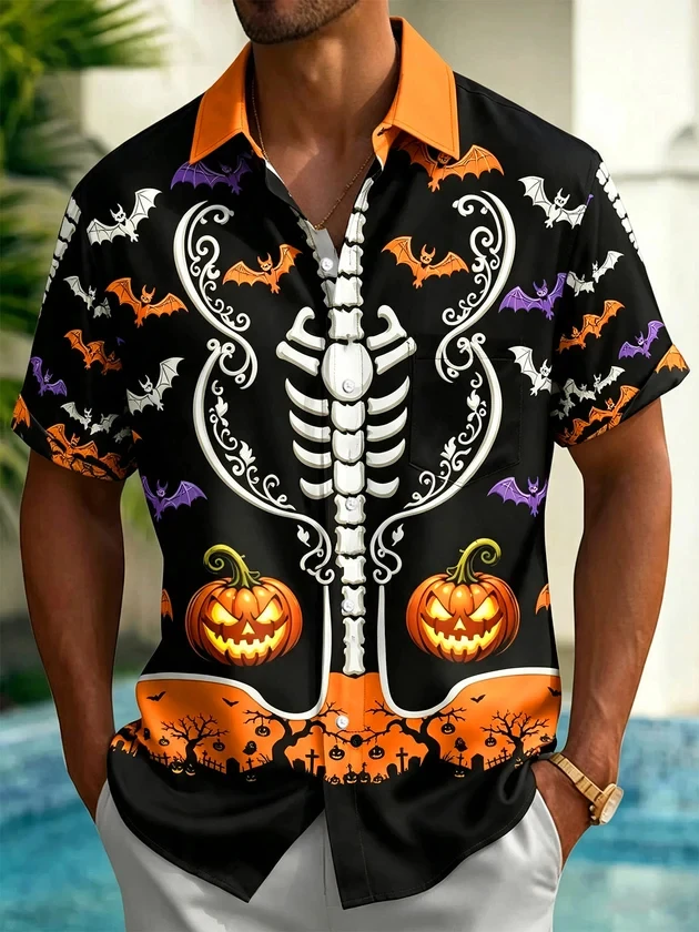 2026 Funny Men's Shirt Halloween Skeleton Pumpkin Bat Print Contrast Collar Short Sleeve Casual Holiday Beach Men Clothing