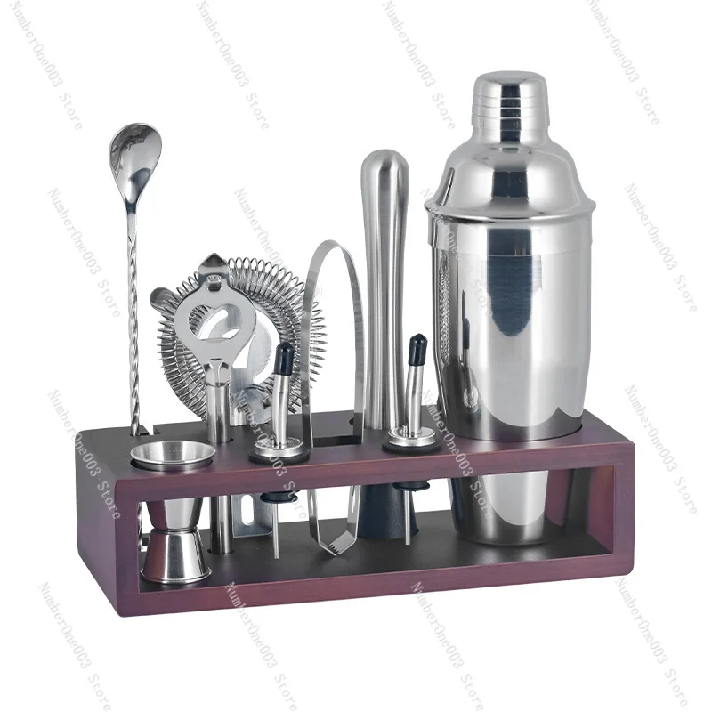 Stainless Steel Shaker Set with Wooden Stand Shaker Glasses Cocktail  Bar Full Set of Tools