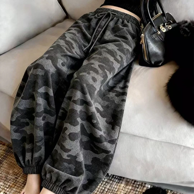 Women's New Arrival American Style Camo Curved Wide Leg Pants High Waist Slimming Loose Straight Bundled Foot Casual Sweatpants