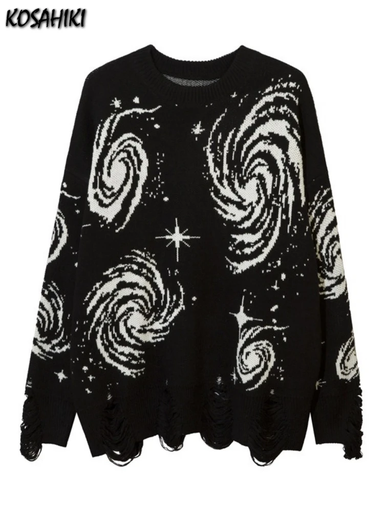 

Винтажный мужской и женский жаккардовый вязаный свитер в стиле Харадзюку, повседневный пуловер с дырками в стиле гранж, осень 2022, большие джемперы в стиле панк, топы