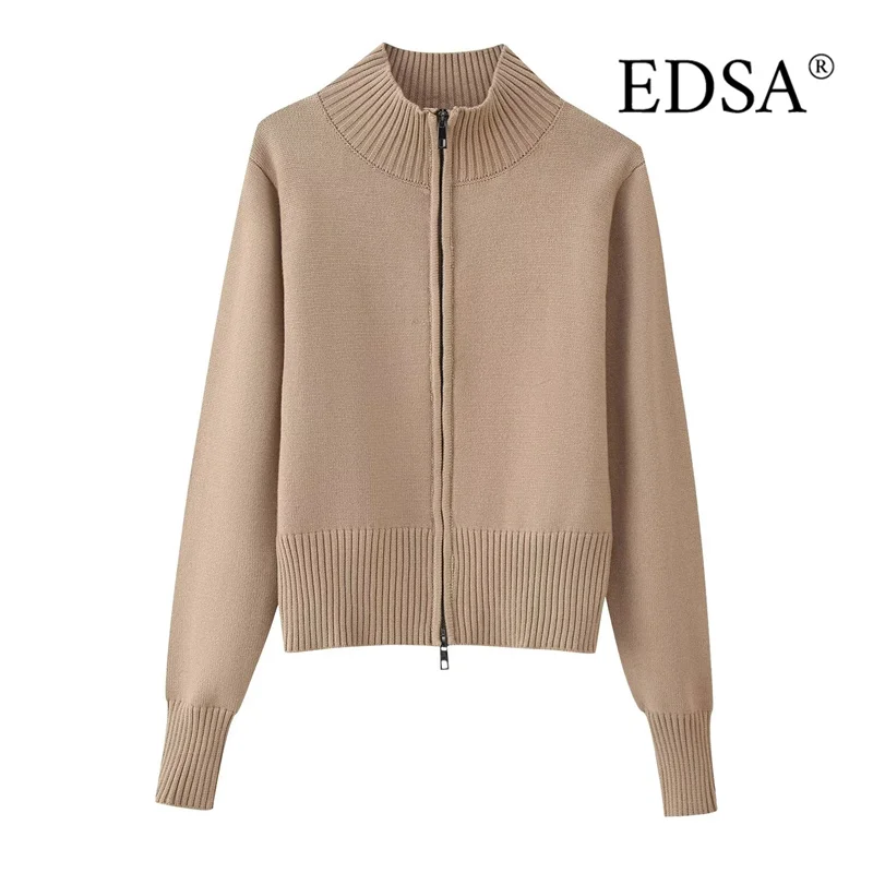 سترة محبوكة بياقة واقفة للسيدات من EDSA وأكمام طويلة وسحاب جانبي سترة صوفية للربيع والخريف #3